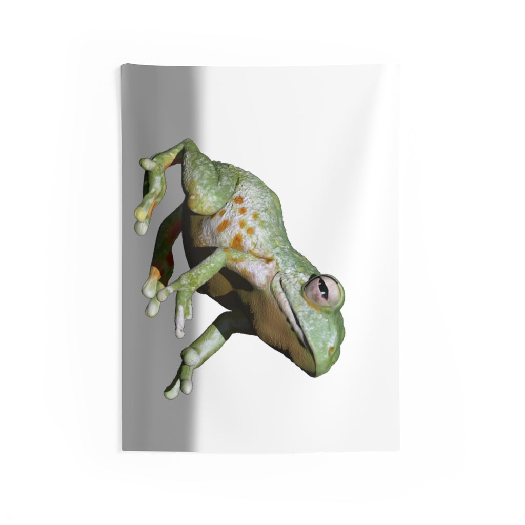 Colorful frog-themed indoor wall tapestry made of durable polyester, showcasing vibrant designs and hemmed edges.