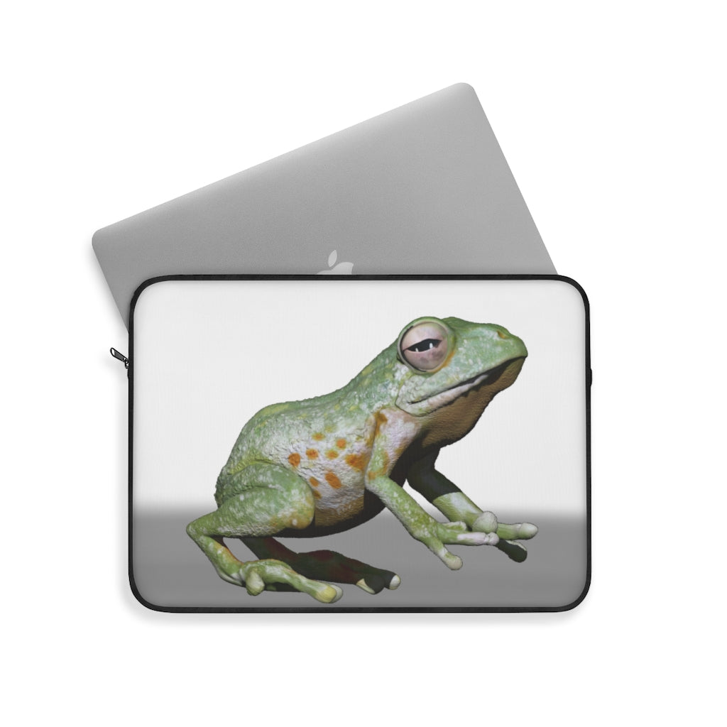 Frog Laptop Sleeve featuring a vibrant frog design on one side and a sleek black backside, perfect for protecting your laptop.