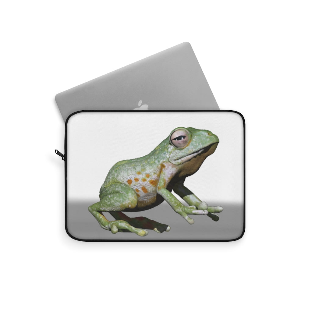 Frog Laptop Sleeve featuring a vibrant frog design on one side and a sleek black backside, perfect for protecting your laptop.