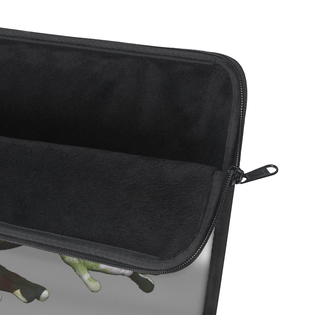 Frog Laptop Sleeve featuring a vibrant frog design on one side and a sleek black backside, perfect for protecting your laptop.