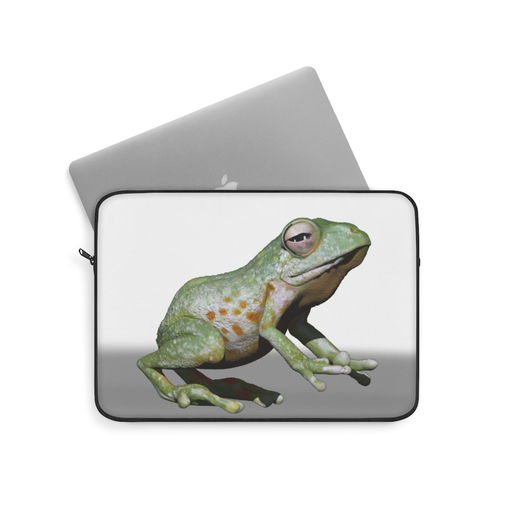 Frog Laptop Sleeve featuring a vibrant frog design on one side and a sleek black backside, perfect for protecting your laptop.