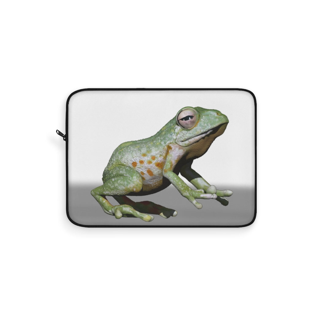 Frog Laptop Sleeve featuring a vibrant frog design on one side and a sleek black backside, perfect for protecting your laptop.