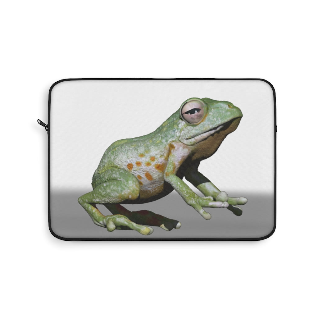 Frog Laptop Sleeve featuring a vibrant frog design on one side and a sleek black backside, perfect for protecting your laptop.