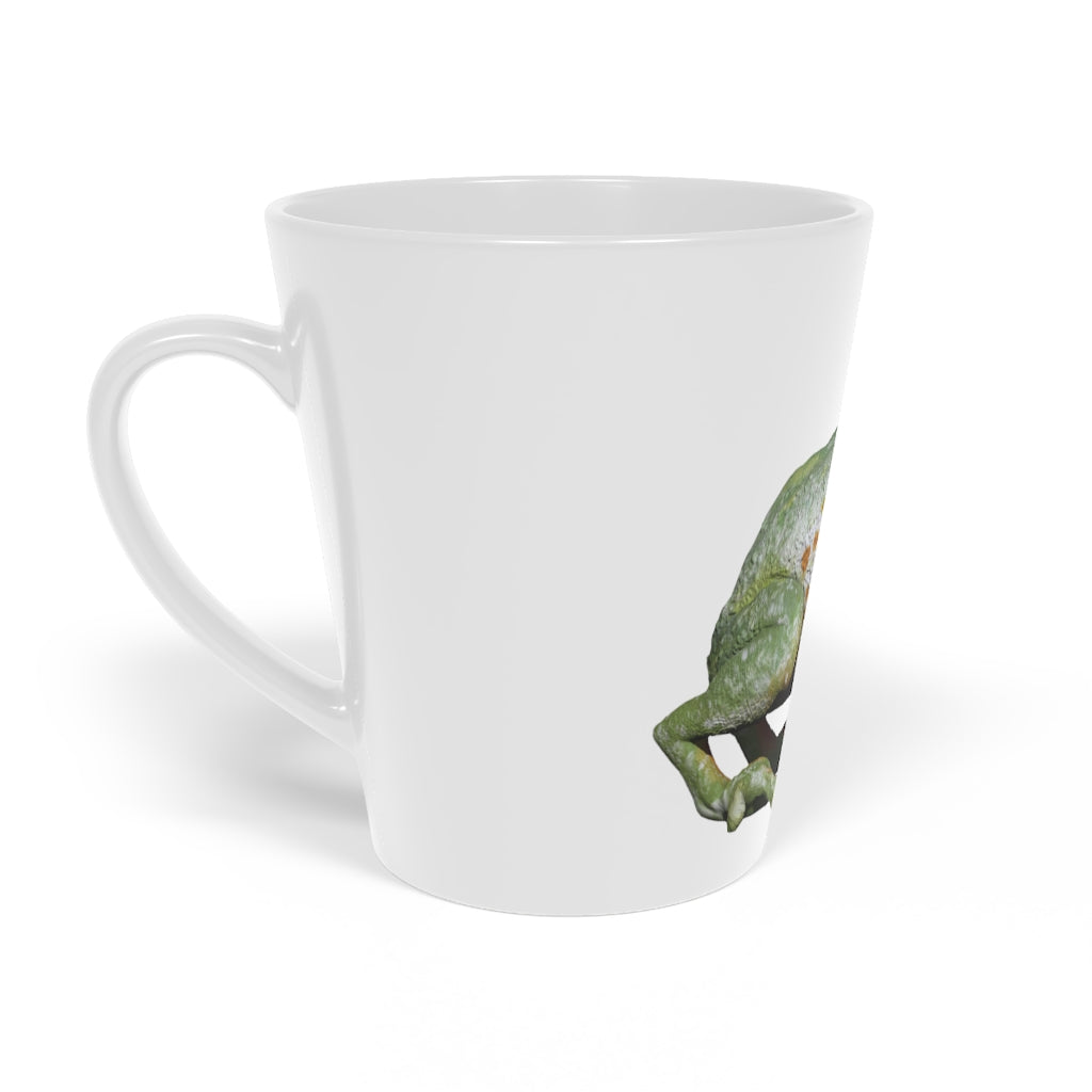 A stylish Frog Latte Mug with a scratch-resistant finish, featuring a comfortable C-shaped handle and a durable white ceramic body.