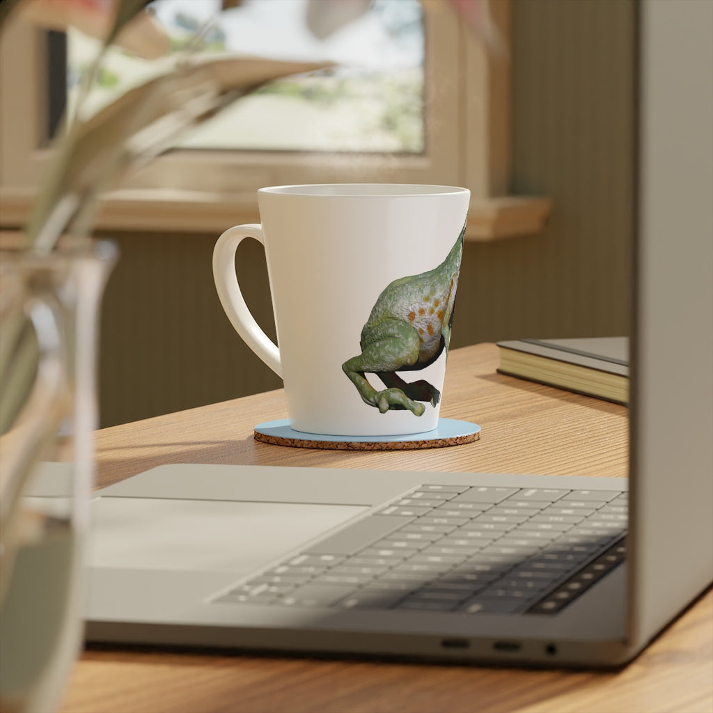 A stylish Frog Latte Mug with a scratch-resistant finish, featuring a comfortable C-shaped handle and a durable white ceramic body.