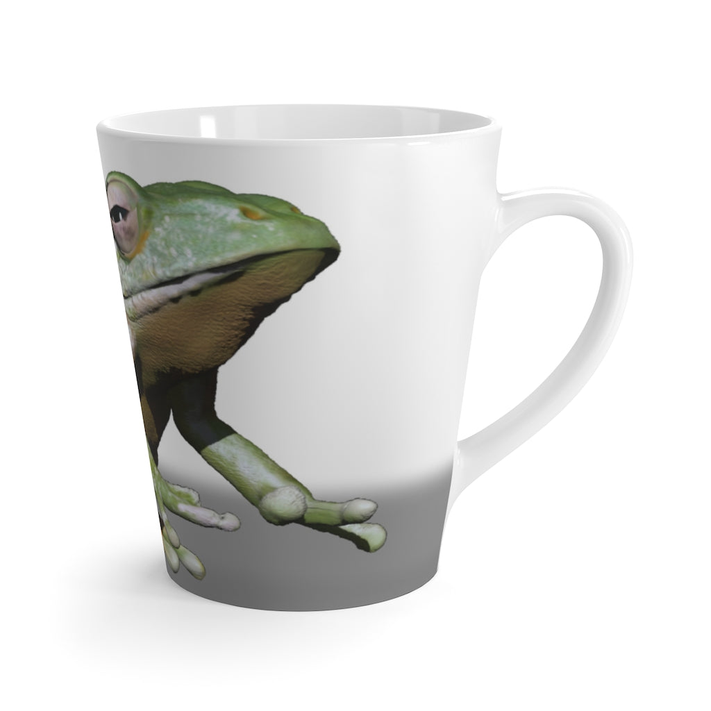 A charming white ceramic latte mug featuring a colorful frog design, perfect for coffee lovers.