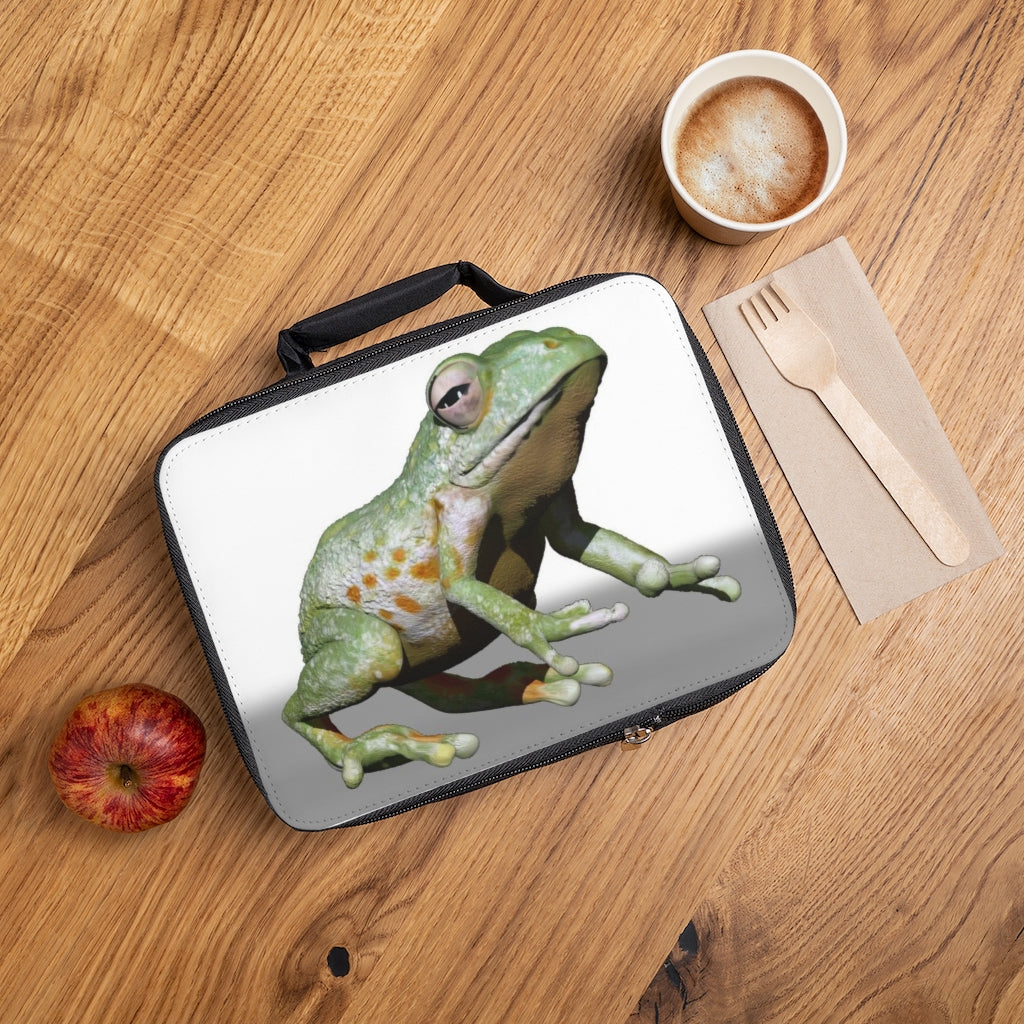 Frog Lunch Bag featuring a black base and customizable white area, ideal for adults and kids.