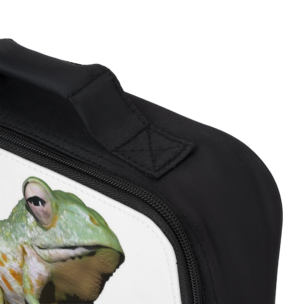 Frog Lunch Bag featuring a black base and customizable white area, ideal for adults and kids.