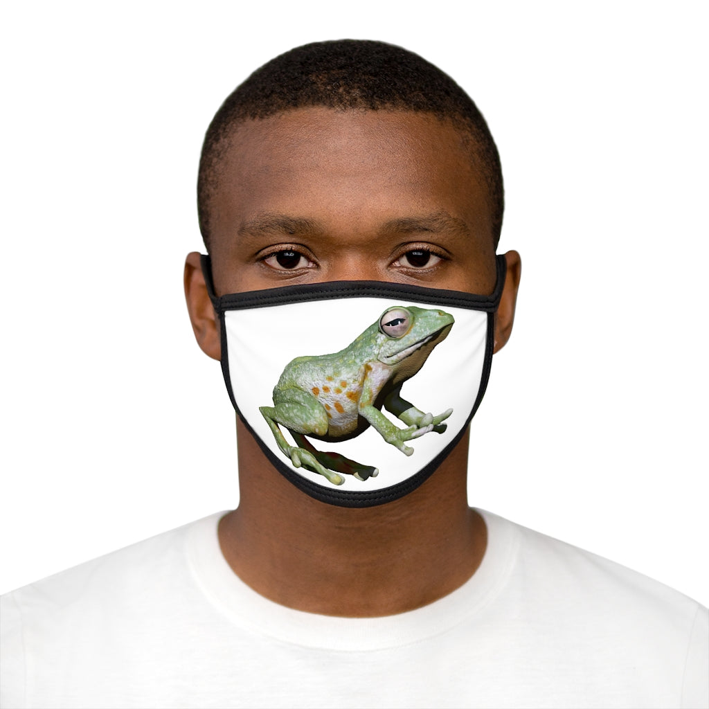 Frog Mixed-Fabric Face Mask featuring a playful frog design with a black outer edge and earloops, made from durable polyester and soft cotton.