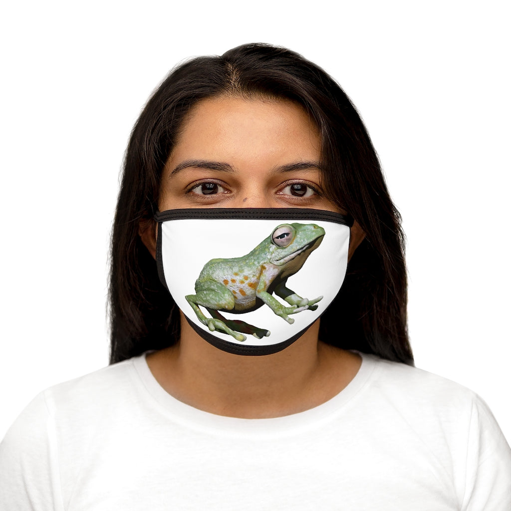 Frog Mixed-Fabric Face Mask featuring a playful frog design with a black outer edge and earloops, made from durable polyester and soft cotton.