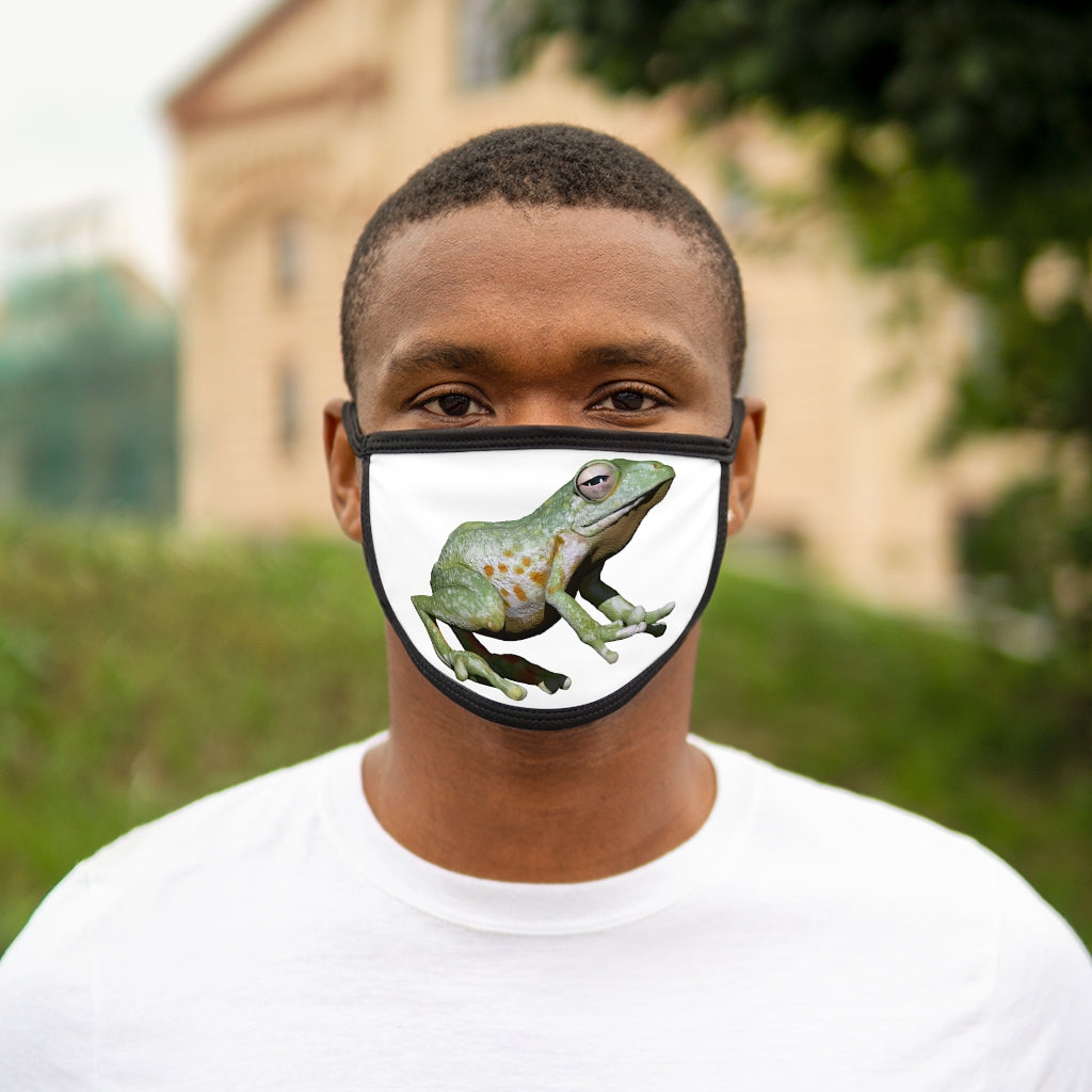 Frog Mixed-Fabric Face Mask featuring a playful frog design with a black outer edge and earloops, made from durable polyester and soft cotton.