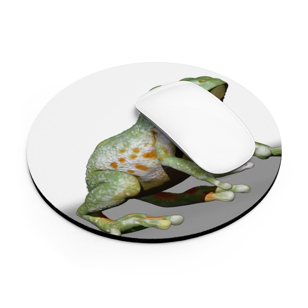 Frog Mouse Pad featuring a vibrant frog design, available in round and rectangular shapes, with a non-slip rubber bottom.