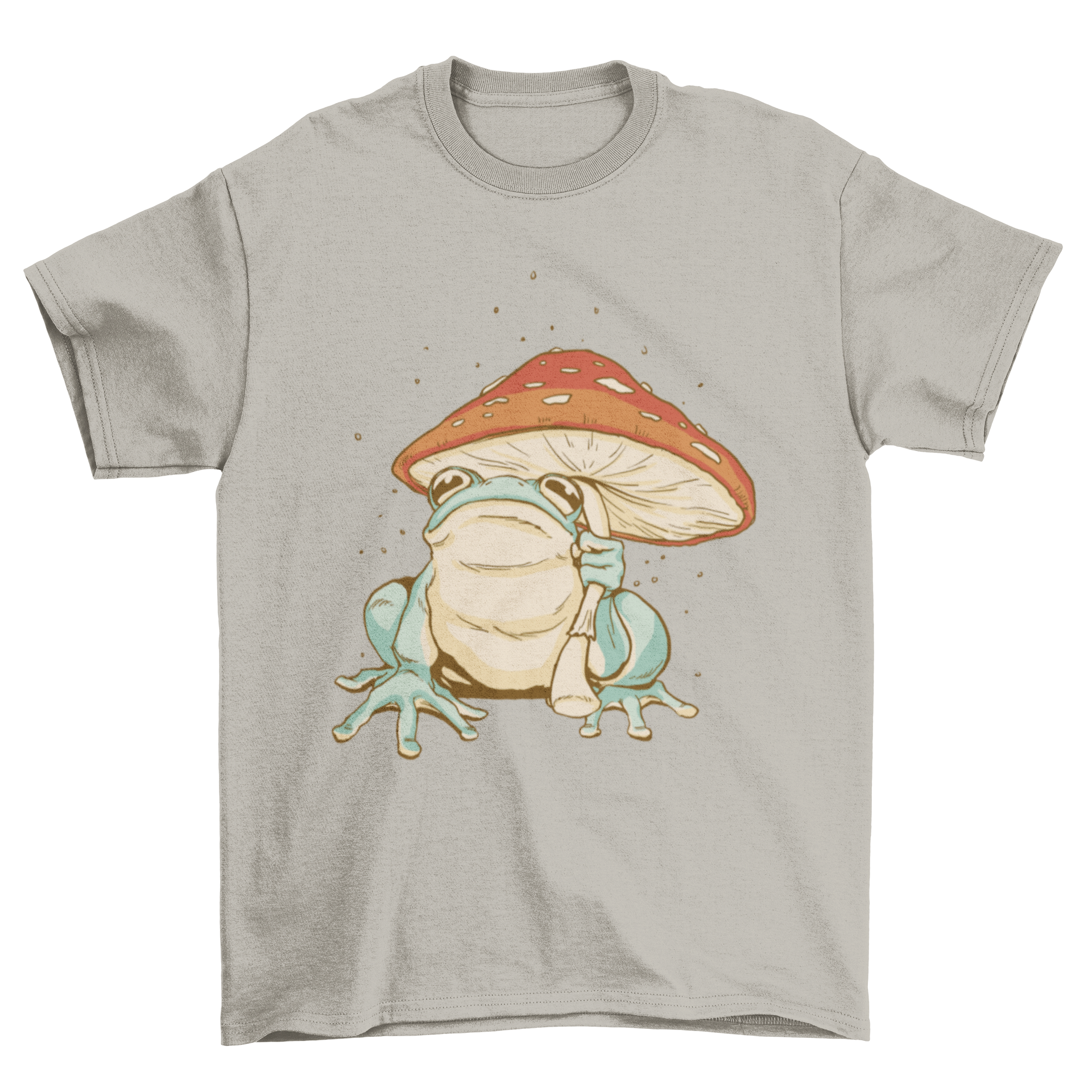 A whimsical t-shirt featuring a frog holding a colorful mushroom umbrella, showcasing a playful and unique design.