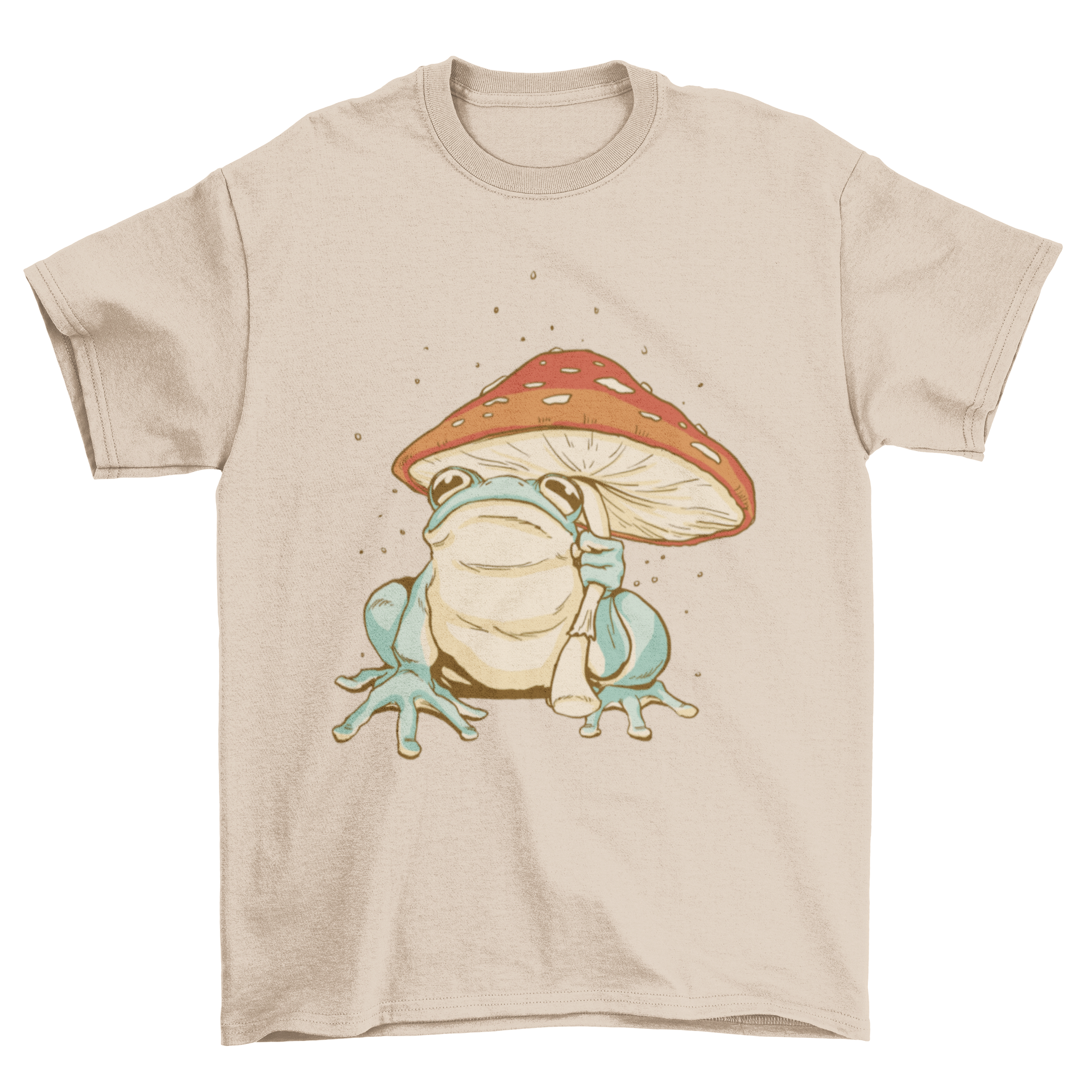 A whimsical t-shirt featuring a frog holding a colorful mushroom umbrella, showcasing a playful and unique design.