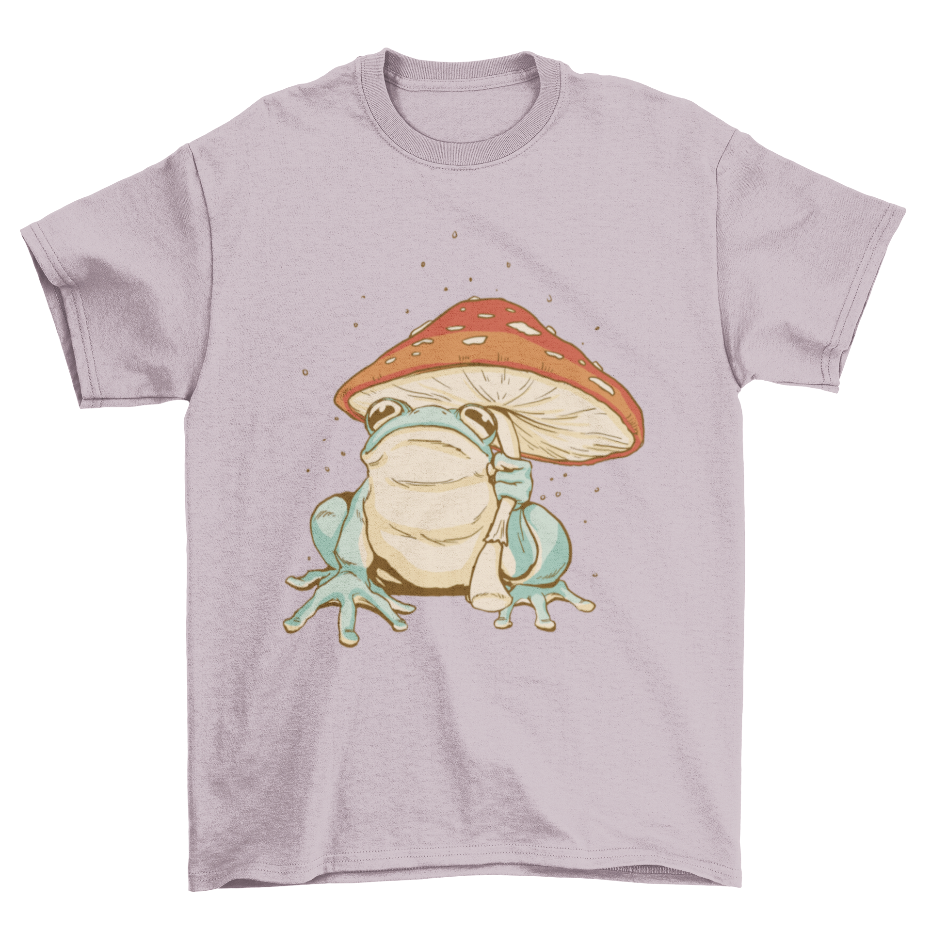 A whimsical t-shirt featuring a frog holding a colorful mushroom umbrella, showcasing a playful and unique design.