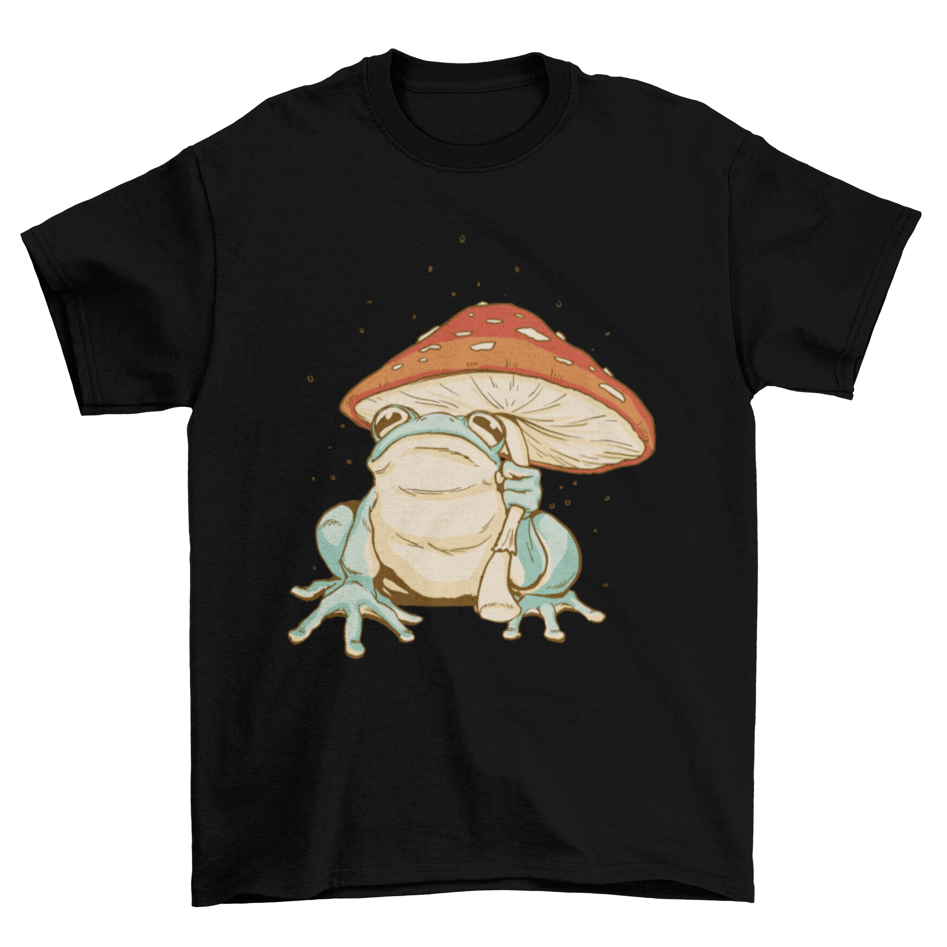 A whimsical t-shirt featuring a frog holding a colorful mushroom umbrella, showcasing a playful and unique design.