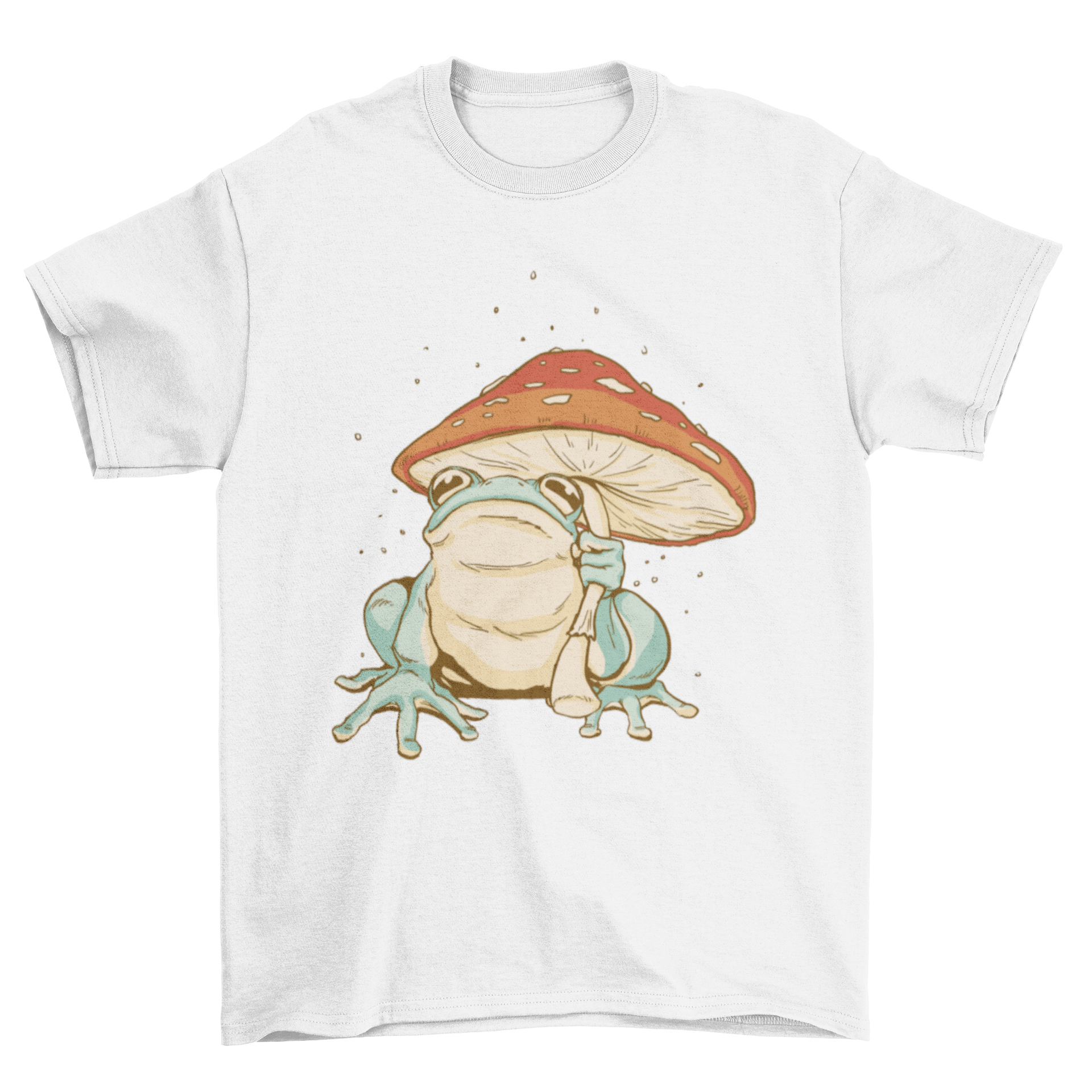 A whimsical t-shirt featuring a frog holding a colorful mushroom umbrella, showcasing a playful and unique design.