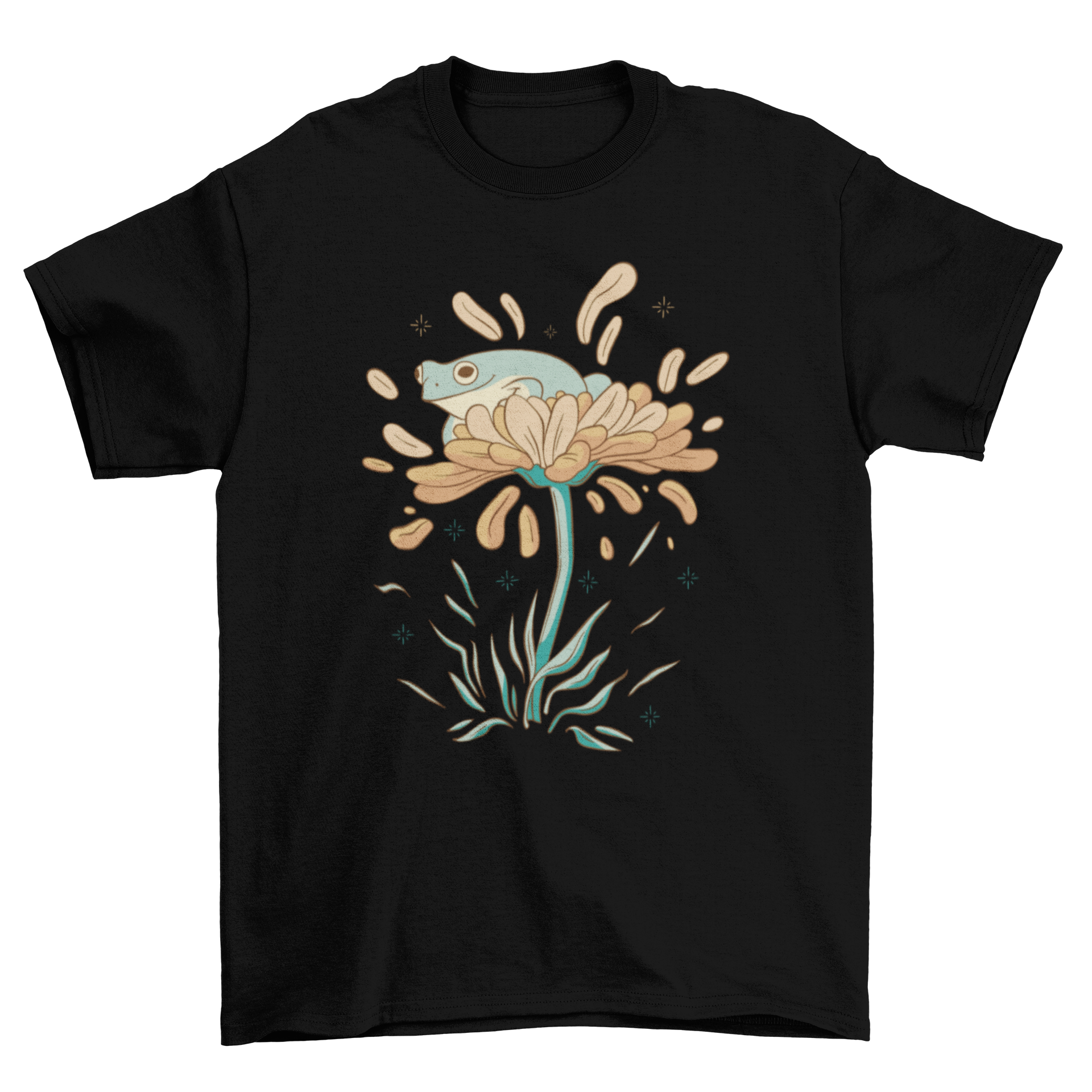 A cute t-shirt featuring a frog sitting on a colorful flower with flying petals, perfect for nature lovers.