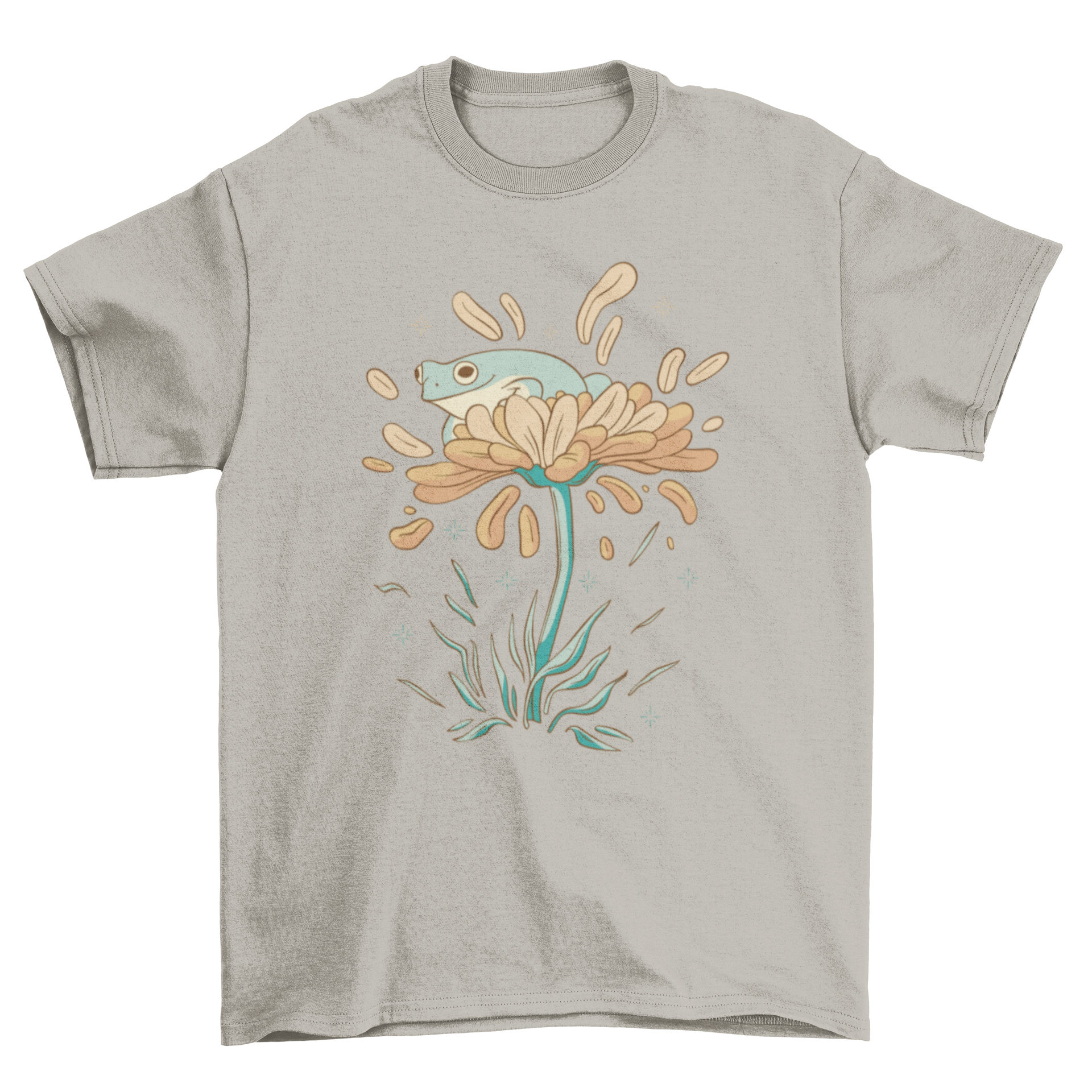 A cute t-shirt featuring a frog sitting on a colorful flower with flying petals, perfect for nature lovers.