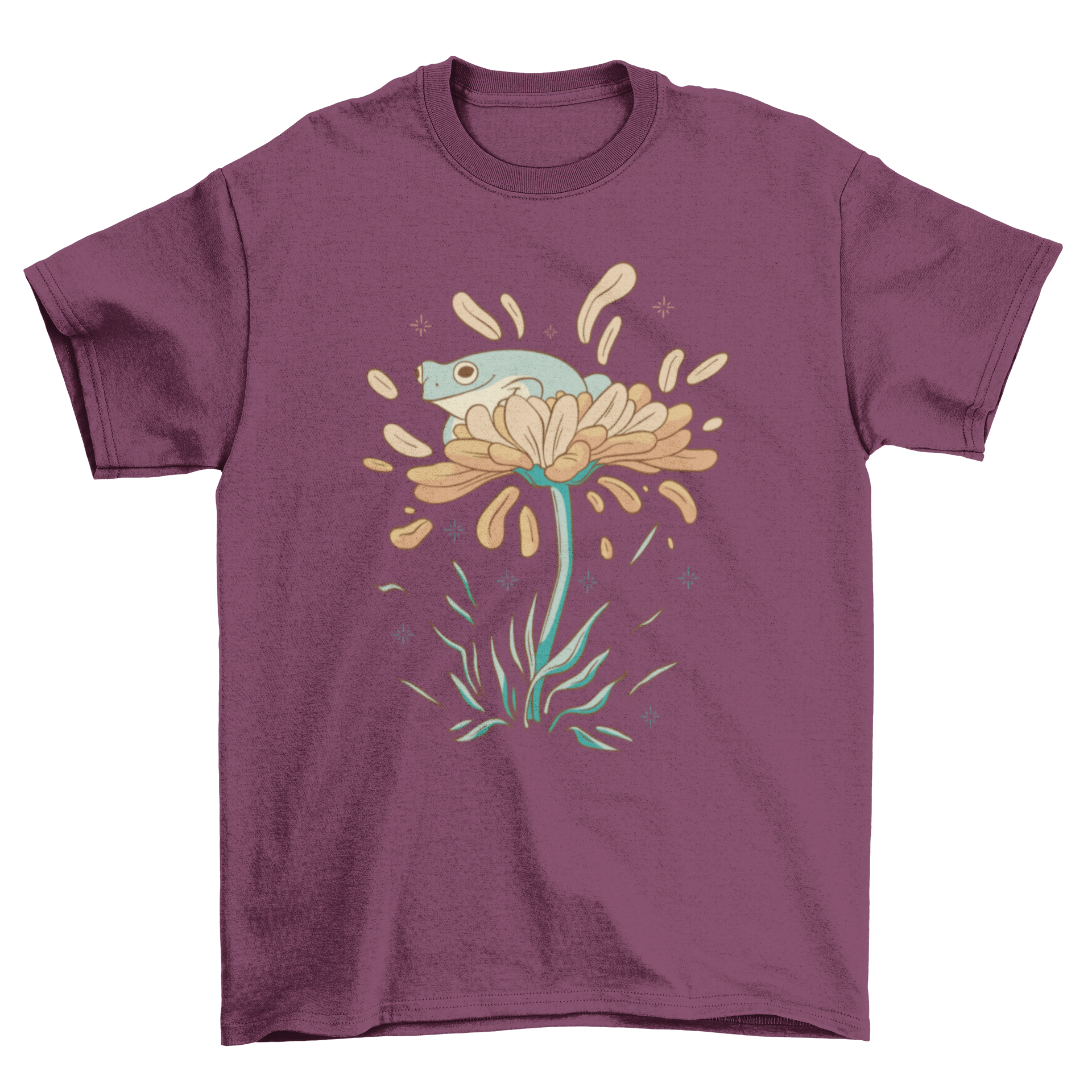 A cute t-shirt featuring a frog sitting on a colorful flower with flying petals, perfect for nature lovers.