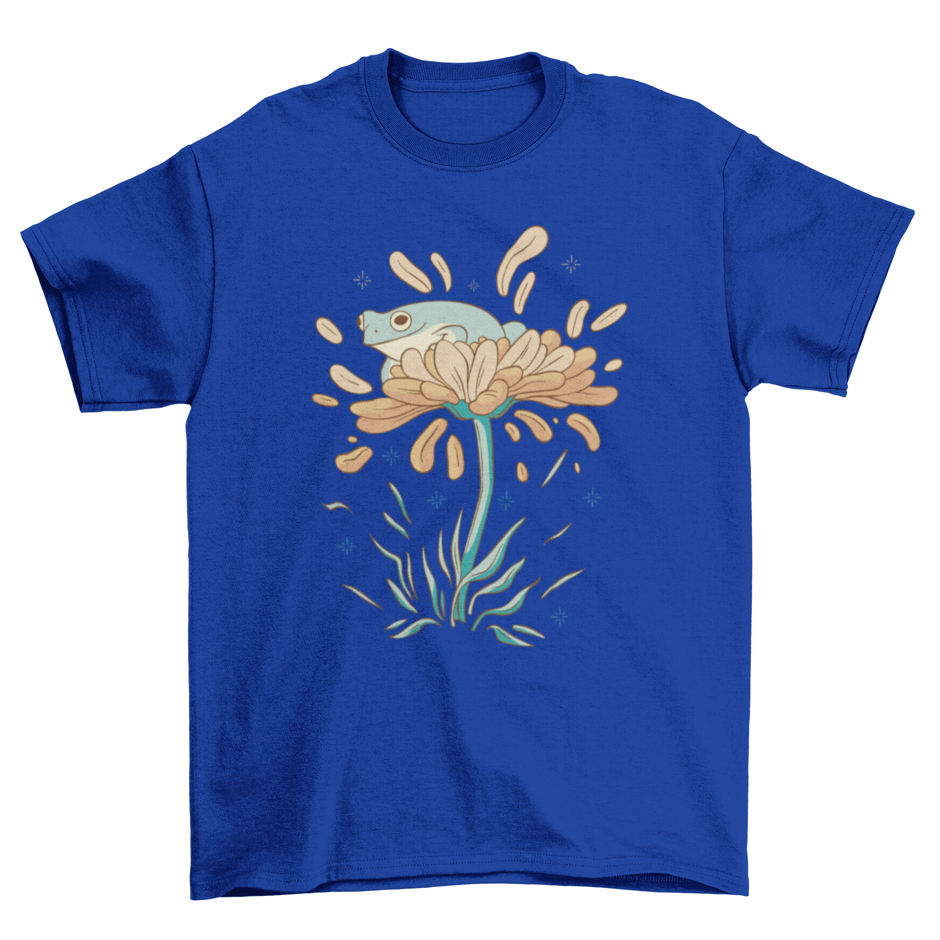 A cute t-shirt featuring a frog sitting on a colorful flower with flying petals, perfect for nature lovers.