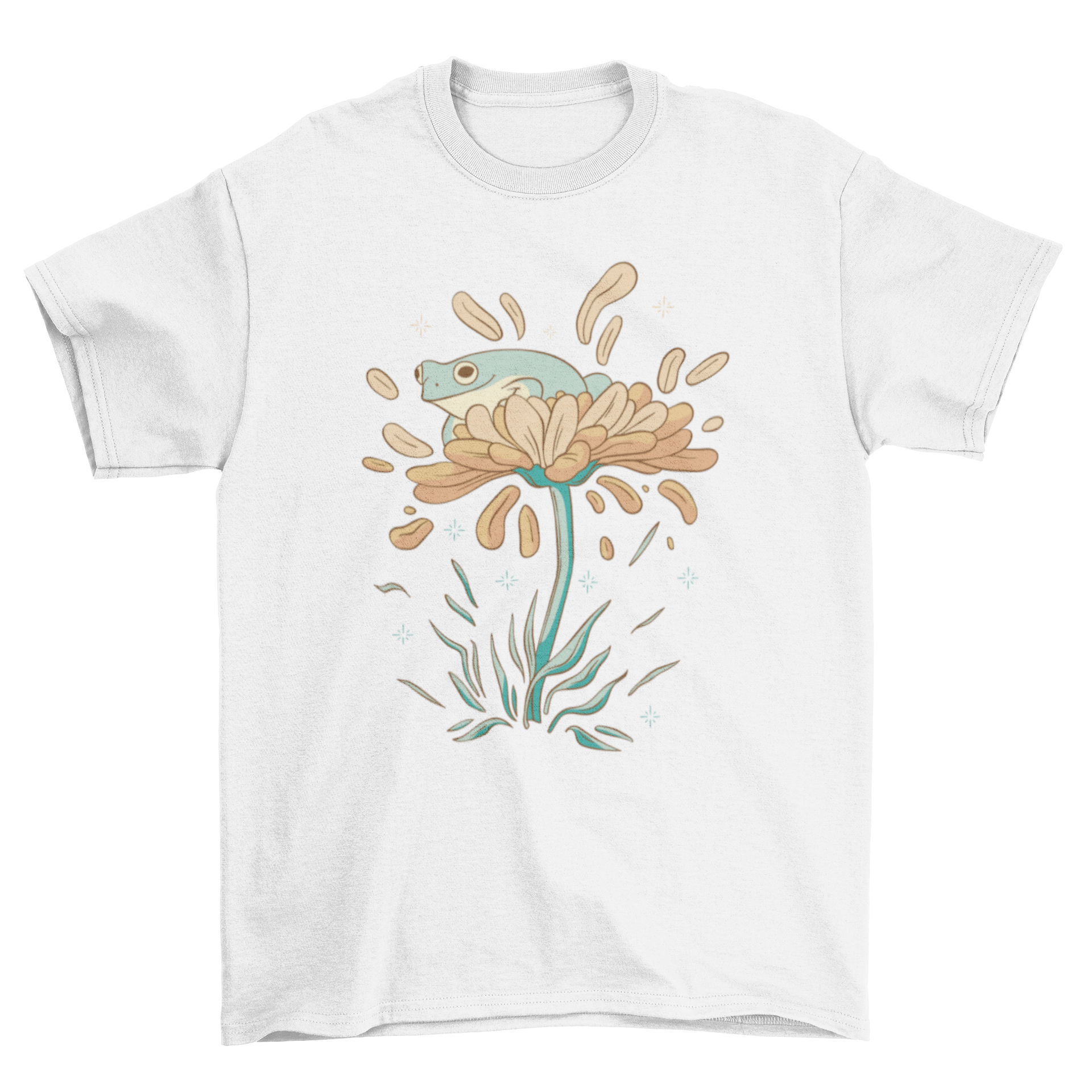 A cute t-shirt featuring a frog sitting on a colorful flower with flying petals, perfect for nature lovers.