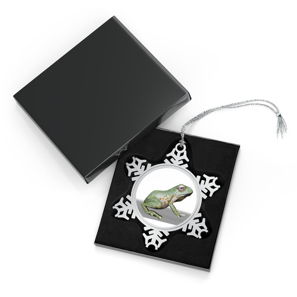 Frog Pewter Snowflake Ornament with silver-toned hanging string, showcasing intricate snowflake design.