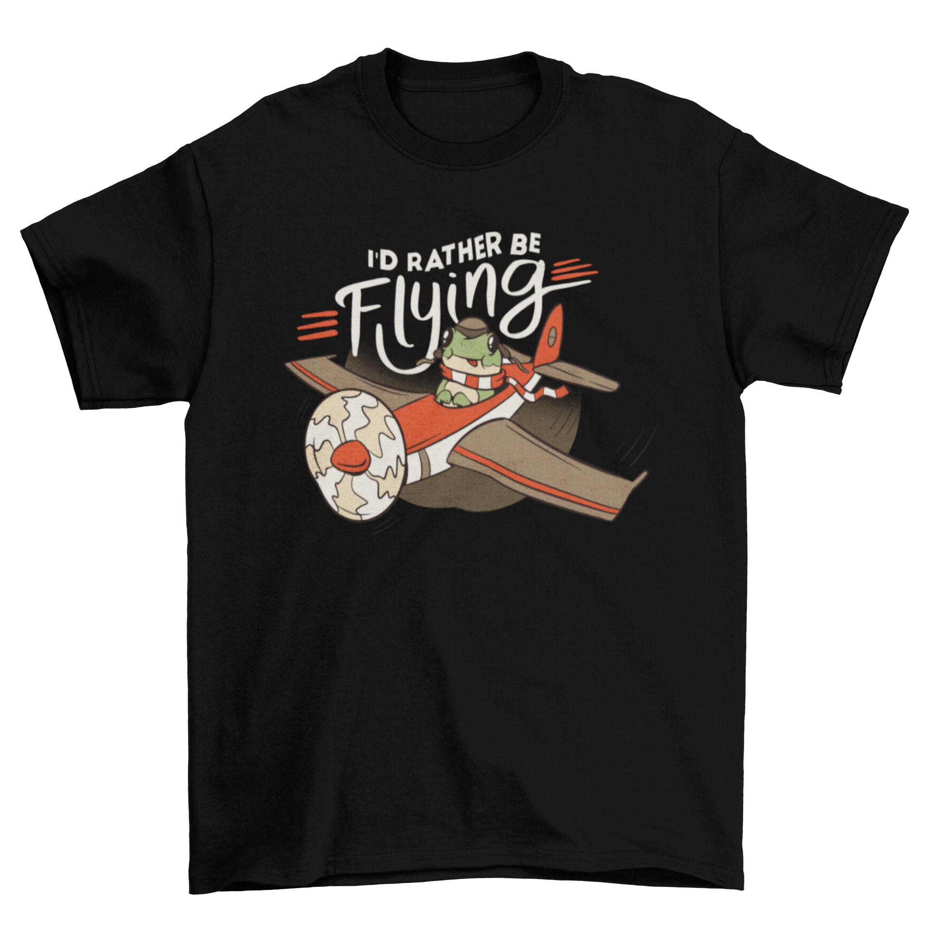 A cute t-shirt featuring a frog pilot on an airplane with the quote 'I'd rather be flying'.