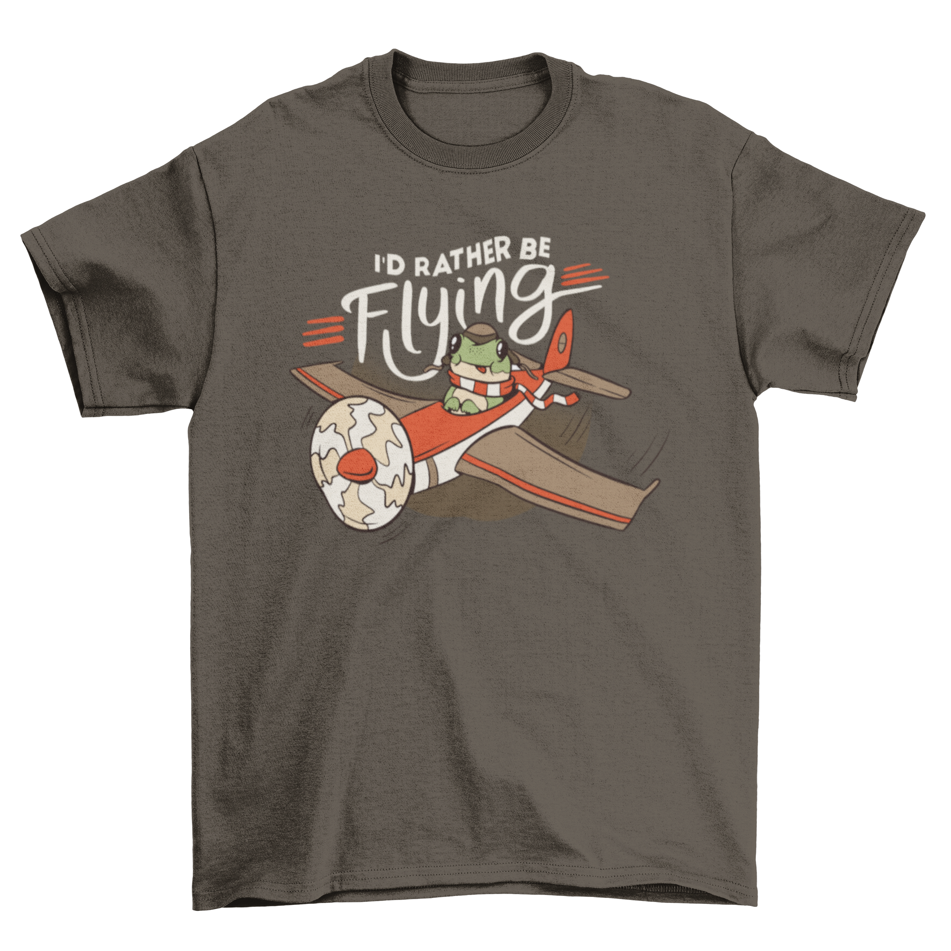 A cute t-shirt featuring a frog pilot on an airplane with the quote 'I'd rather be flying'.