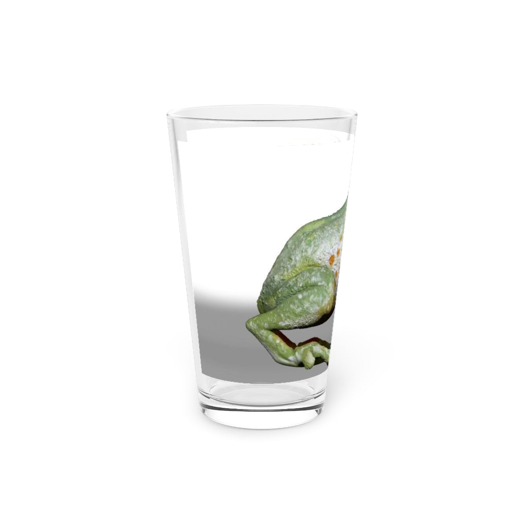 A clear 16oz Frog Pint Glass showcasing its elegant design, perfect for personalization and versatile use.