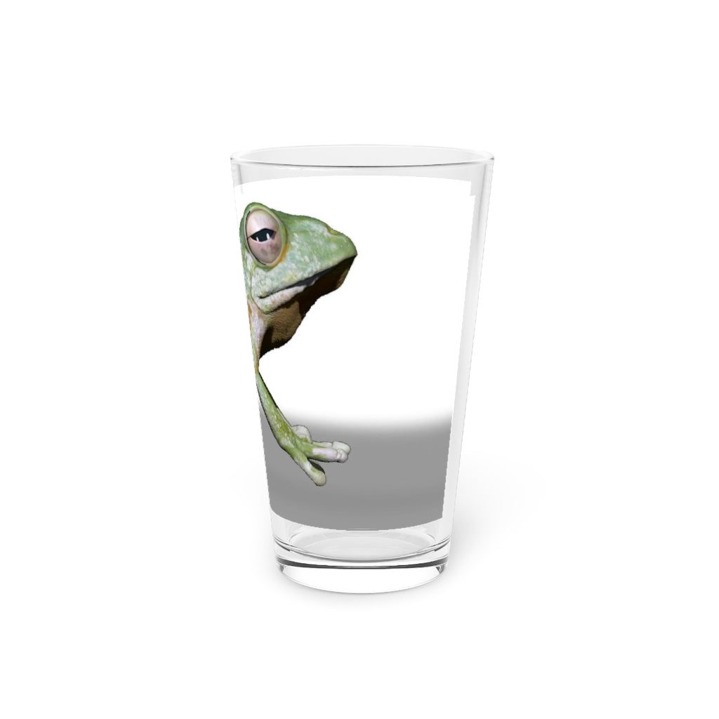 A clear 16oz Frog Pint Glass showcasing its elegant design, perfect for personalization and versatile use.