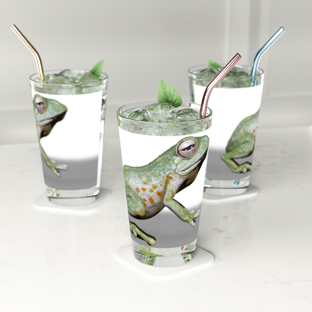 A clear 16oz Frog Pint Glass showcasing its elegant design, perfect for personalization and versatile use.