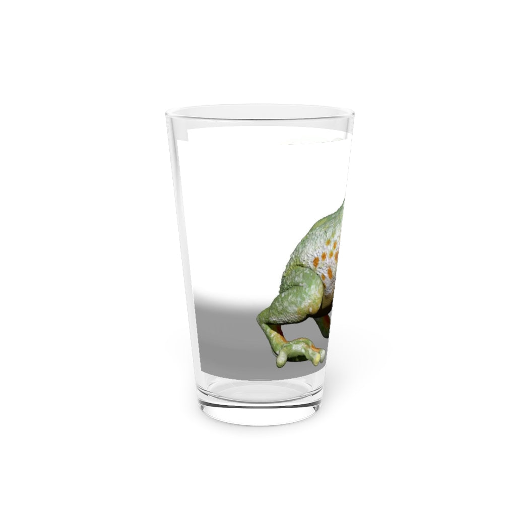 A clear 16oz Frog Pint Glass showcasing a customizable design, perfect for beverages.