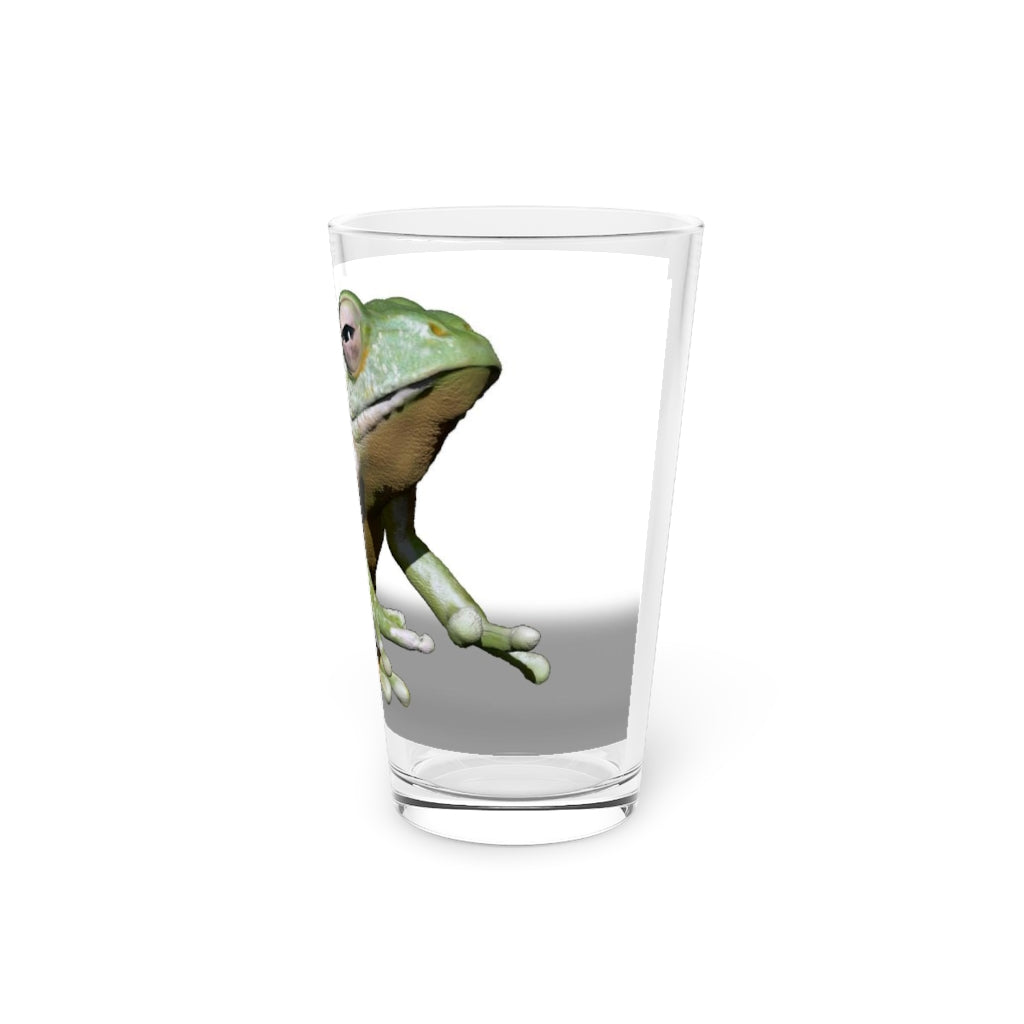 A clear 16oz Frog Pint Glass showcasing a customizable design, perfect for beverages.