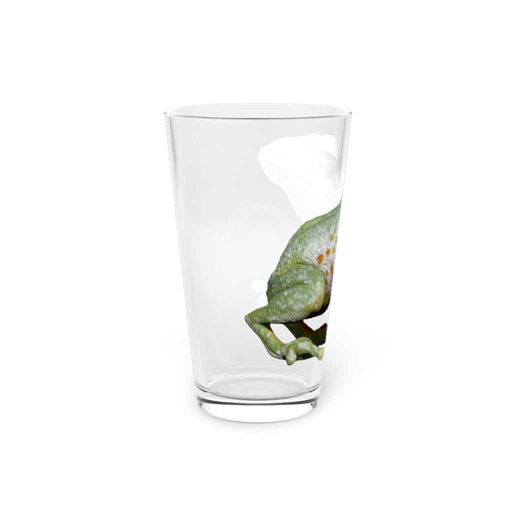 A clear 16oz Frog Pint Glass showcasing a customizable design, perfect for beverages.