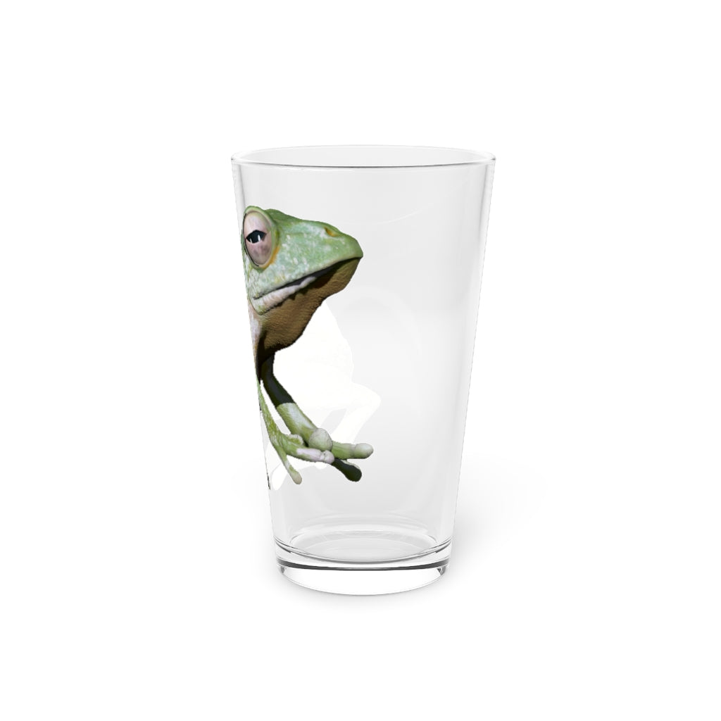 A clear 16oz Frog Pint Glass showcasing a customizable design, perfect for beverages.