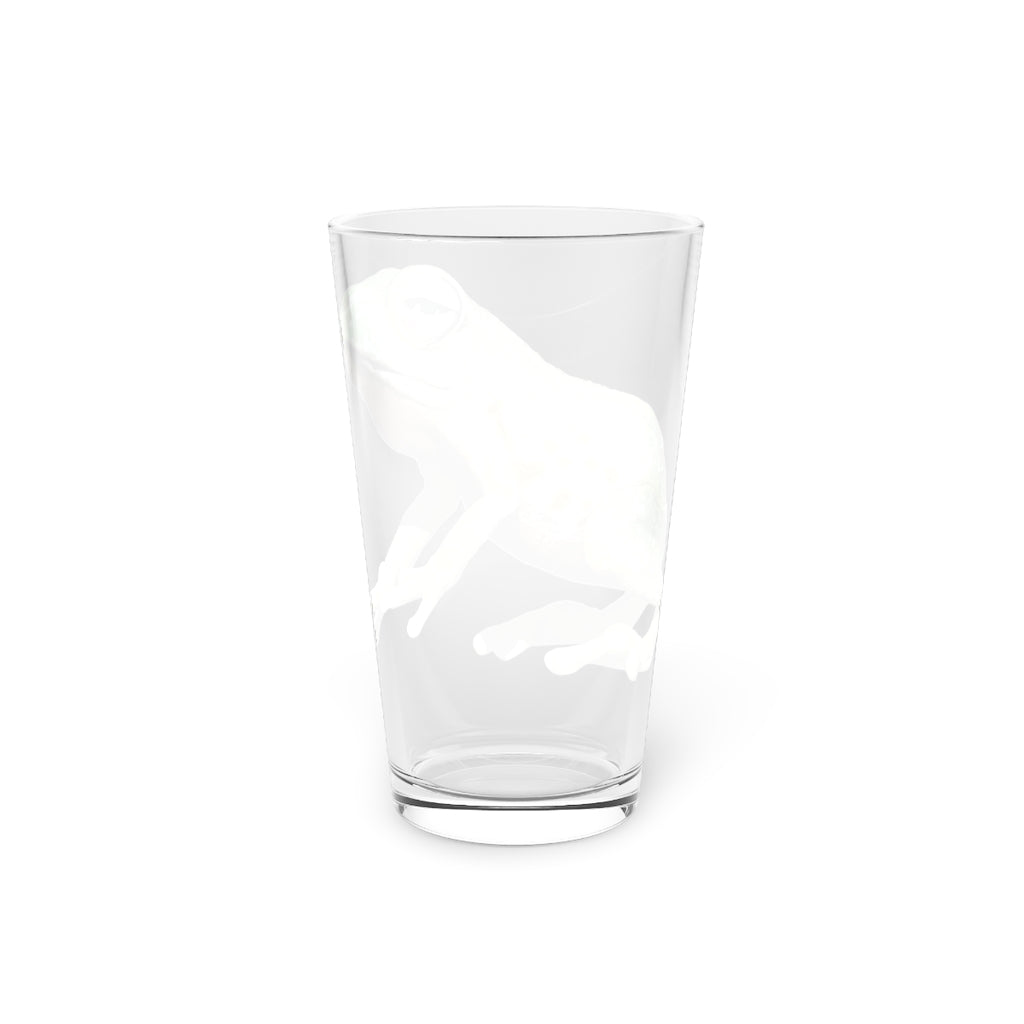 A clear 16oz Frog Pint Glass showcasing a customizable design, perfect for beverages.