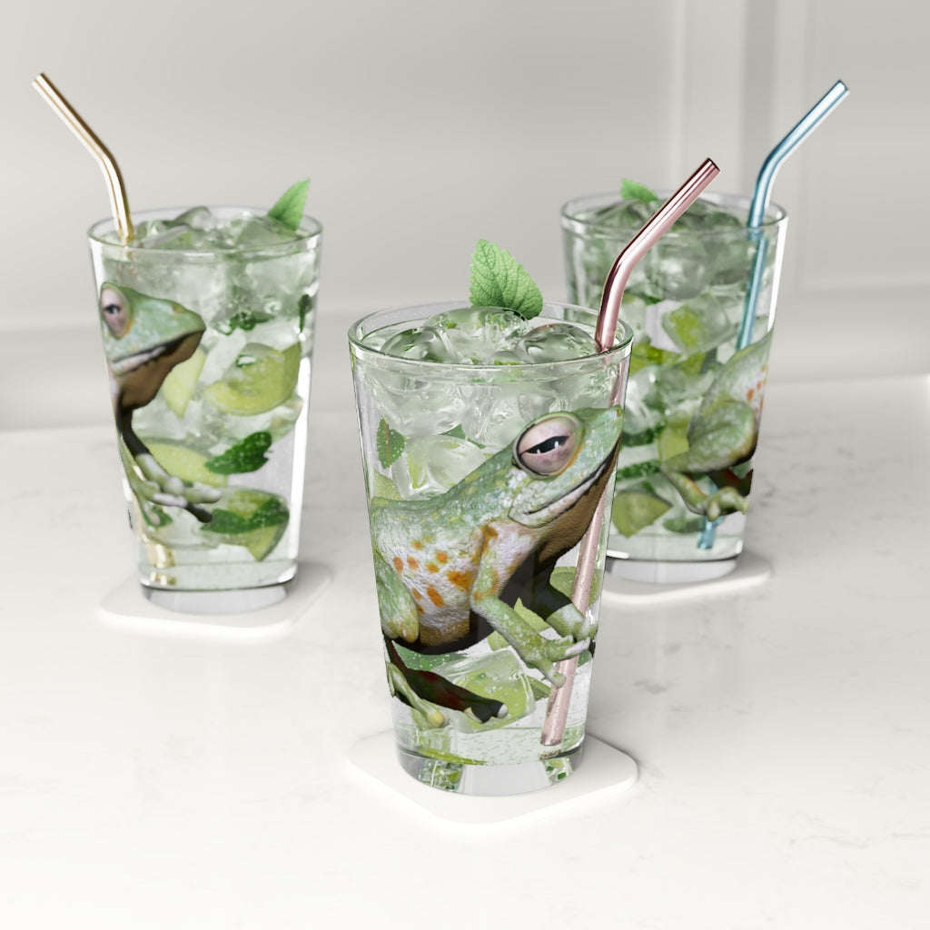 A clear 16oz Frog Pint Glass showcasing a customizable design, perfect for beverages.