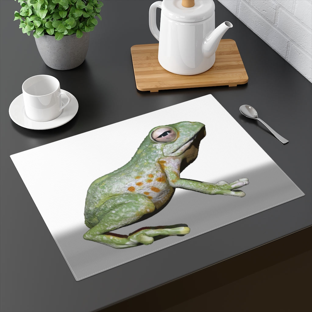 A vibrant frog-themed placemat made of durable cotton, featuring a playful design on one side and a natural cotton finish on the reverse.