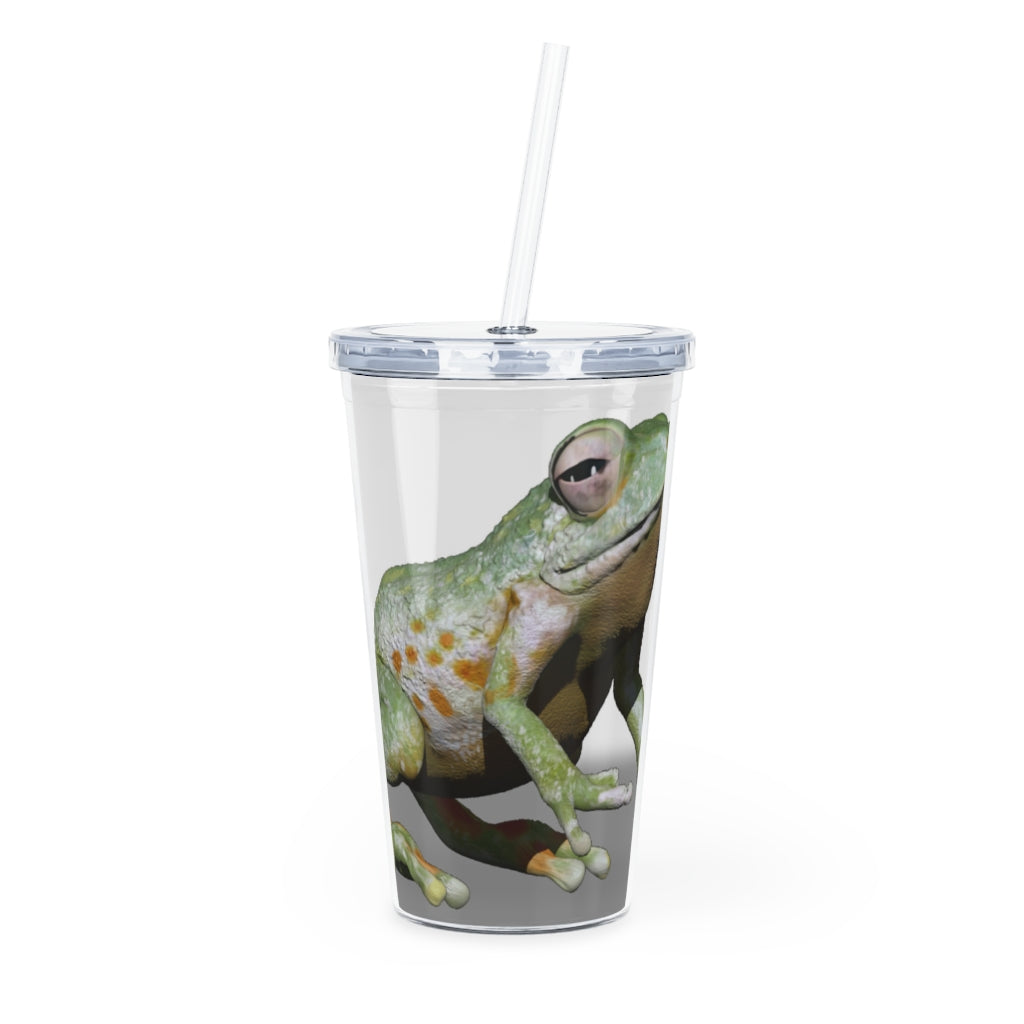 Frog Plastic Tumbler with Straw, featuring a vibrant frog design, lid, and straw, perfect for parties and gatherings.