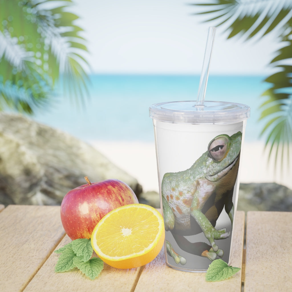 Frog Plastic Tumbler with Straw, featuring a vibrant frog design, lid, and straw, perfect for parties and gatherings.