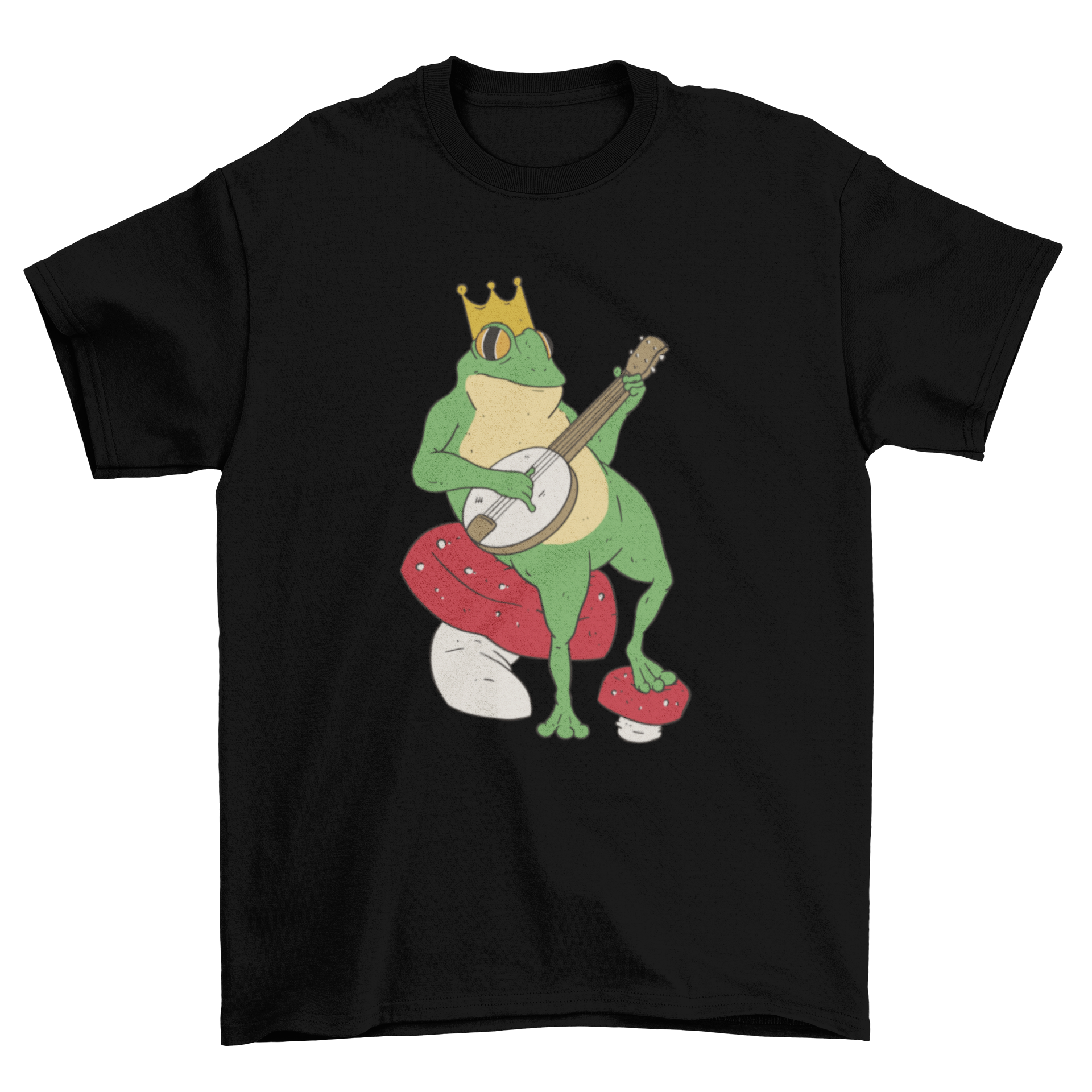 A whimsical t-shirt featuring a frog with a crown playing a banjo while sitting on a colorful mushroom.