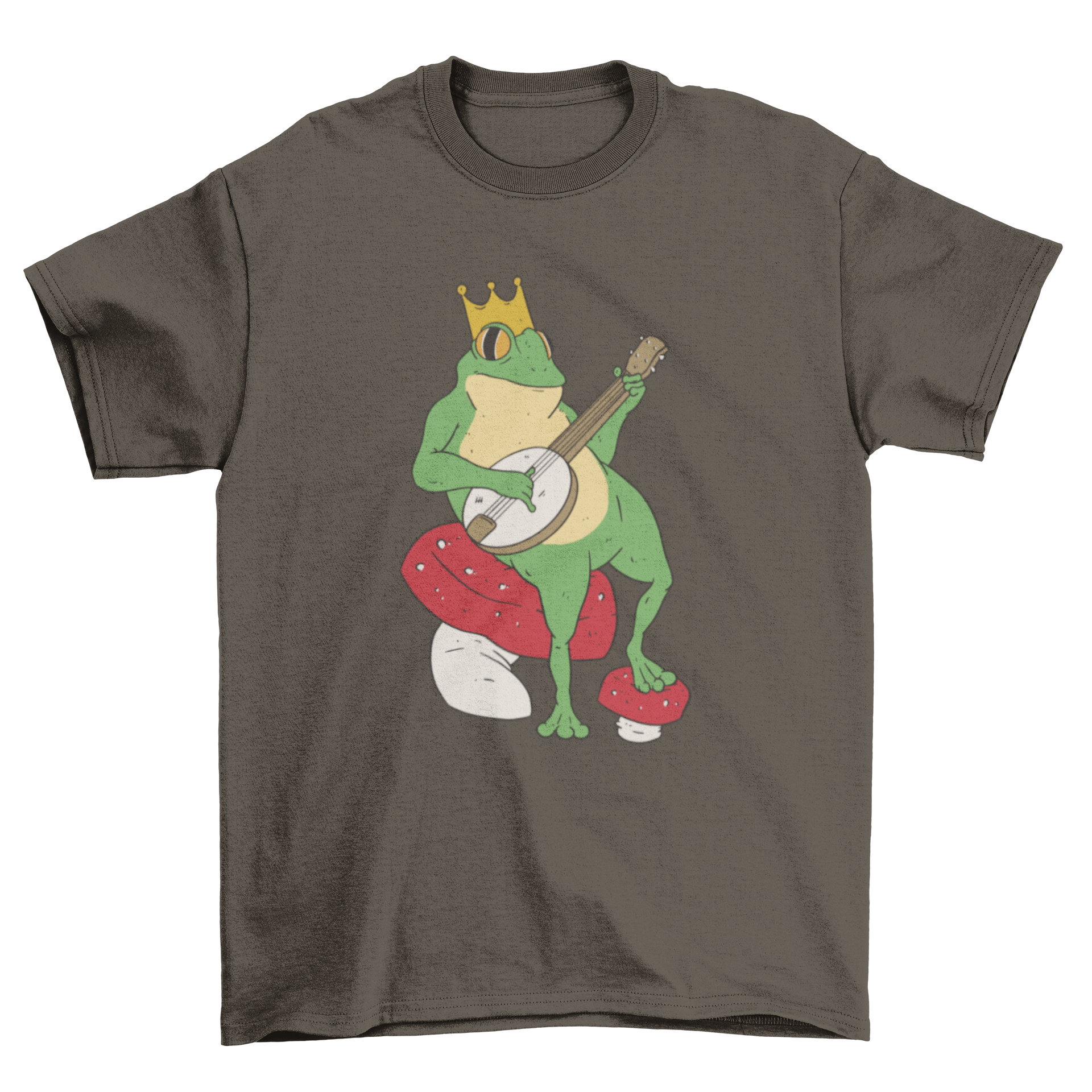 A whimsical t-shirt featuring a frog with a crown playing a banjo while sitting on a colorful mushroom.