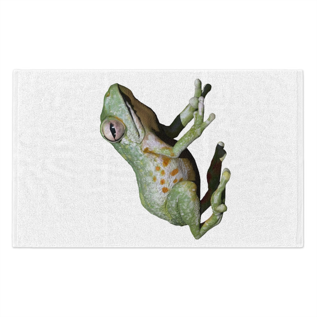 Frog Rally Towel measuring 11x18 inches, featuring a soft cotton backing and printed mink polyester front, ideal for personalization.