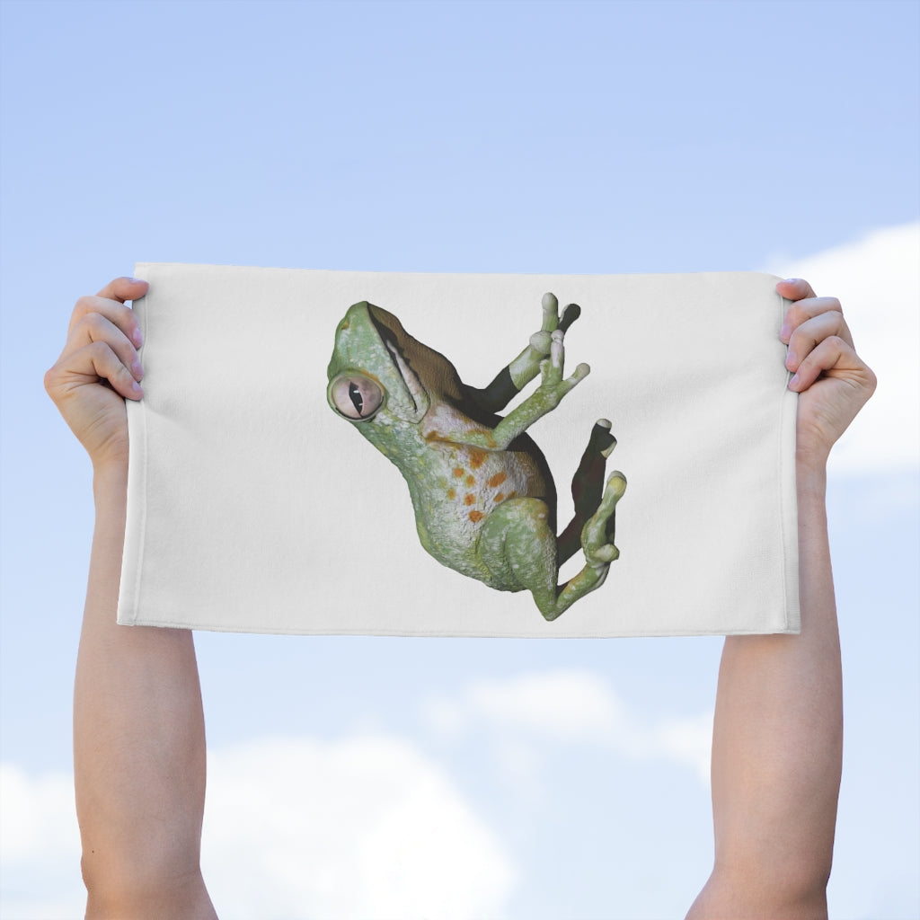 Frog Rally Towel measuring 11x18 inches, featuring a soft cotton backing and printed mink polyester front, ideal for personalization.