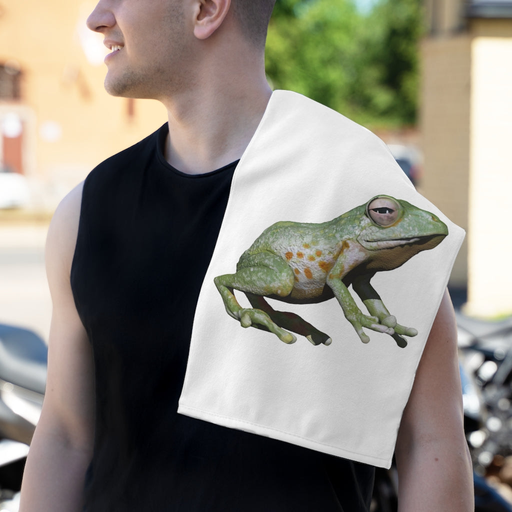 Frog Rally Towel measuring 11x18 inches, featuring a soft cotton backing and printed mink polyester front, ideal for personalization.