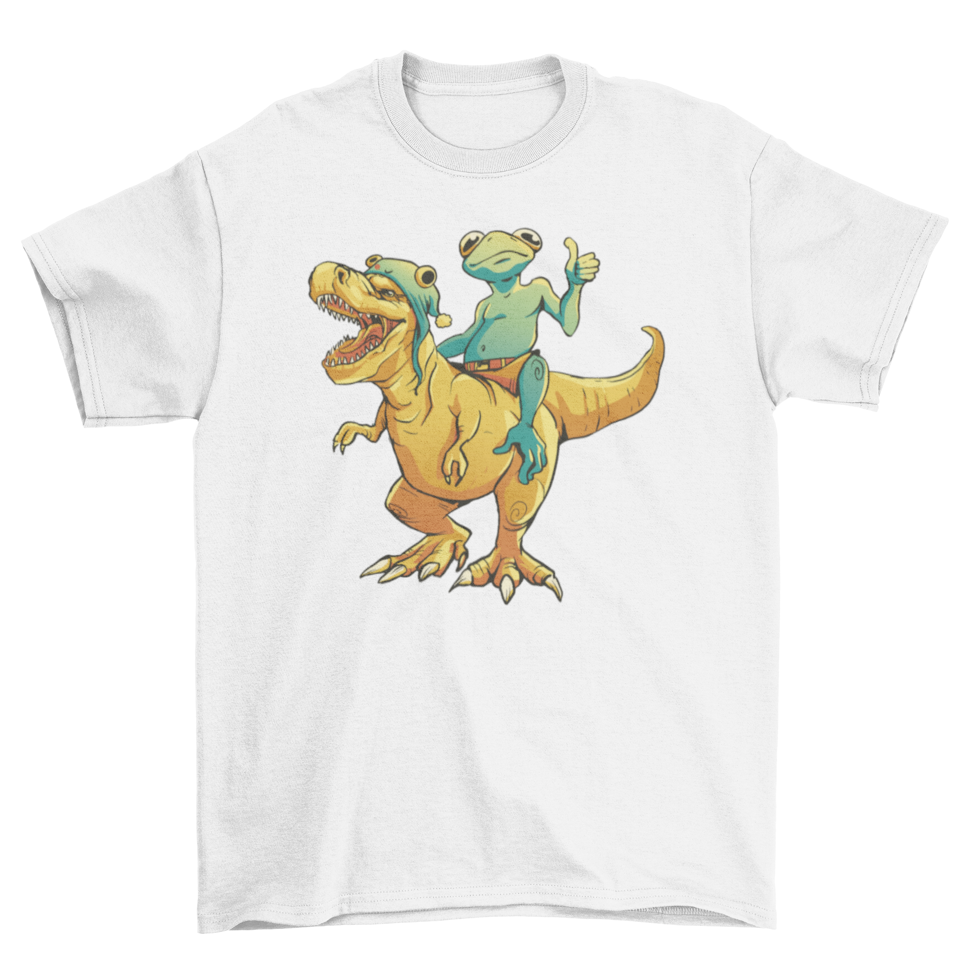 A playful illustration of a frog riding a T-Rex on a stylish t-shirt.