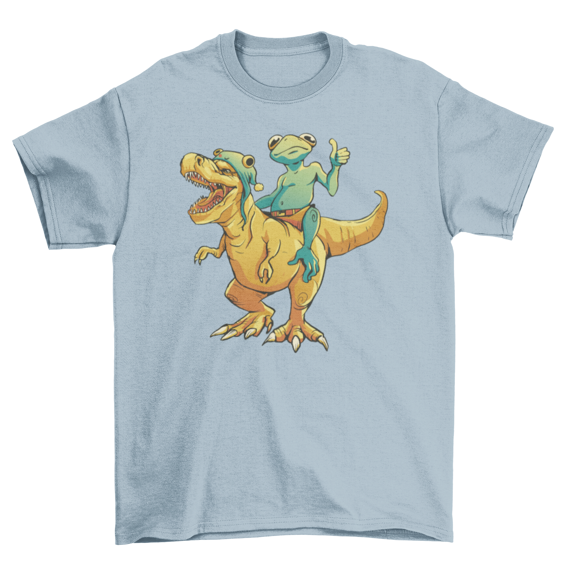 A playful illustration of a frog riding a T-Rex on a stylish t-shirt.