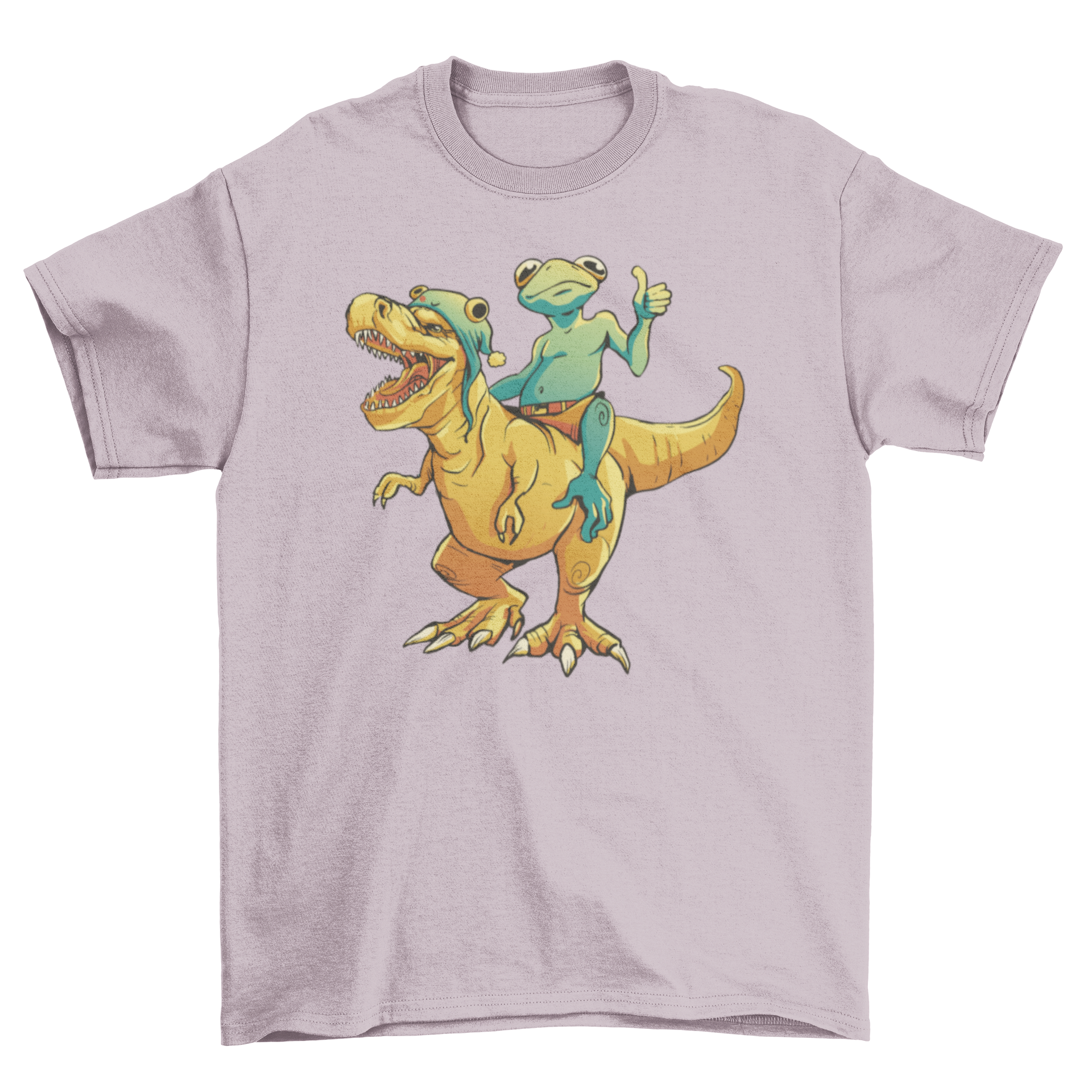 A playful illustration of a frog riding a T-Rex on a stylish t-shirt.