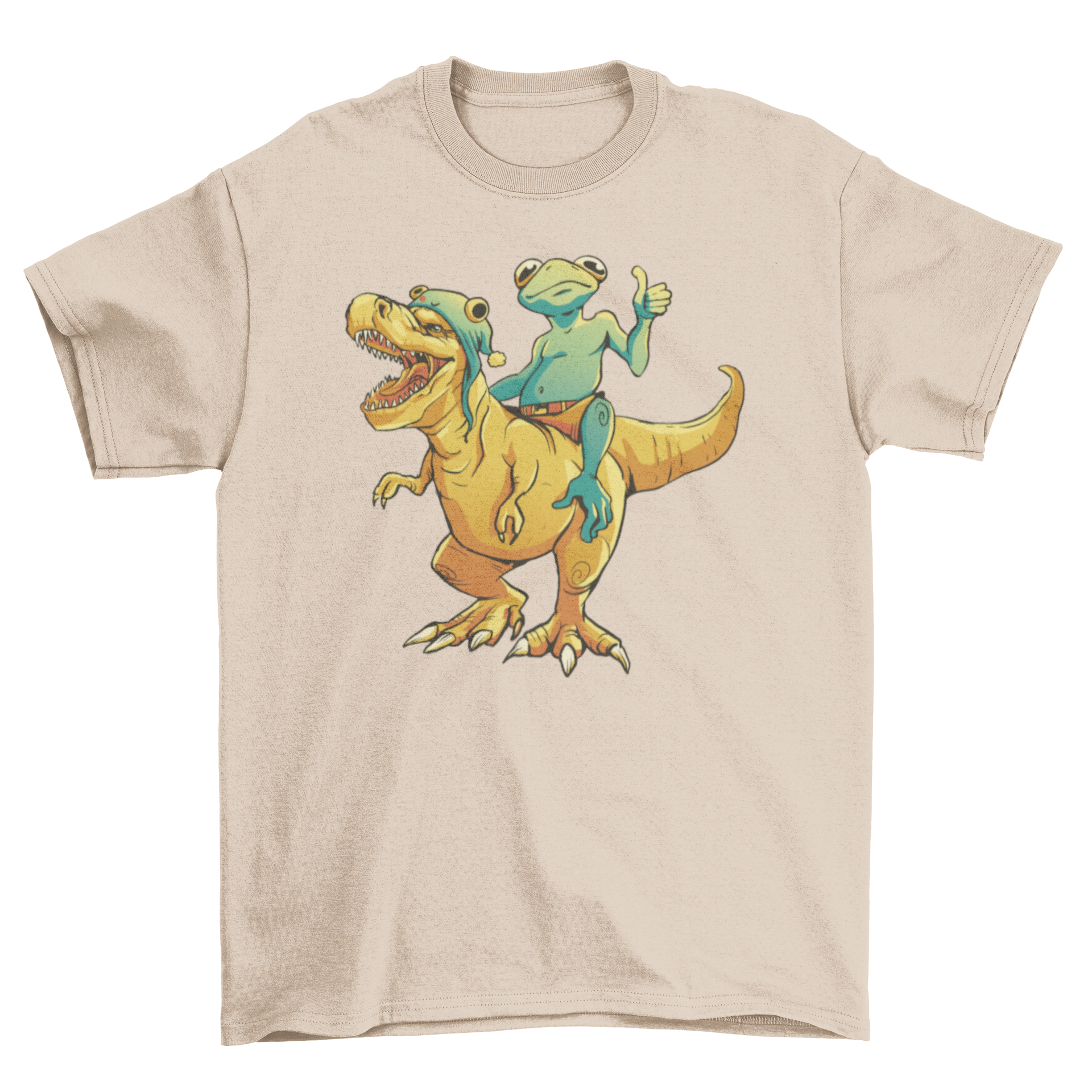 A playful illustration of a frog riding a T-Rex on a stylish t-shirt.